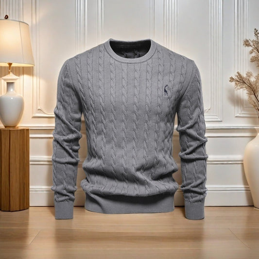 Men’s Autumn and Winter Deer Embroidery Pullover – Solid Color Cotton Sweater