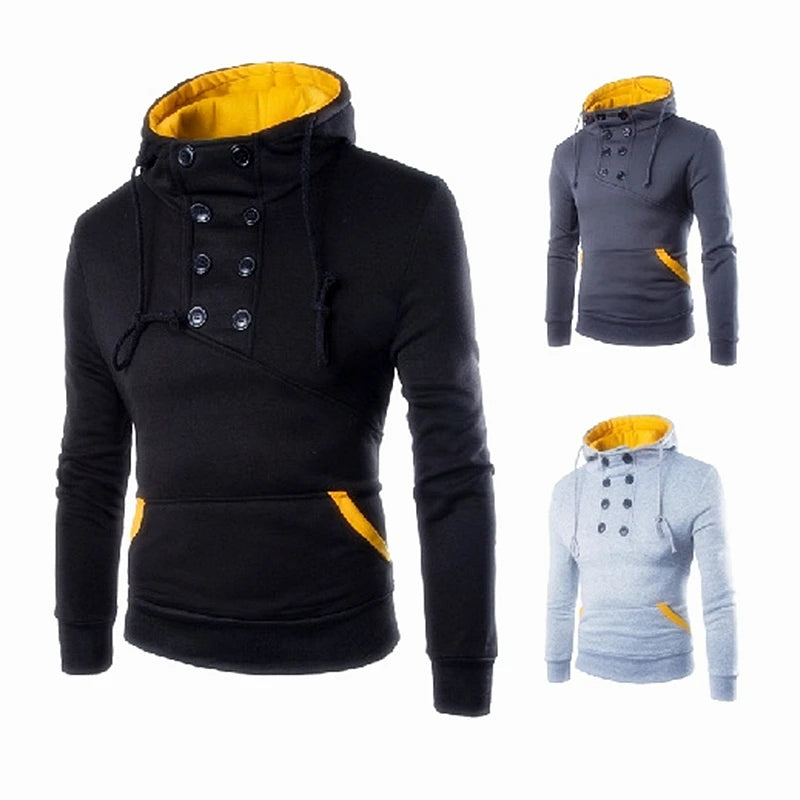 Men’s Double-Breasted Hooded Sweatshirt – Slim Fit Casual Pullover