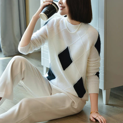 Women's 100% Pure Wool Knit Sweater - Geometric O-Neck Pullover