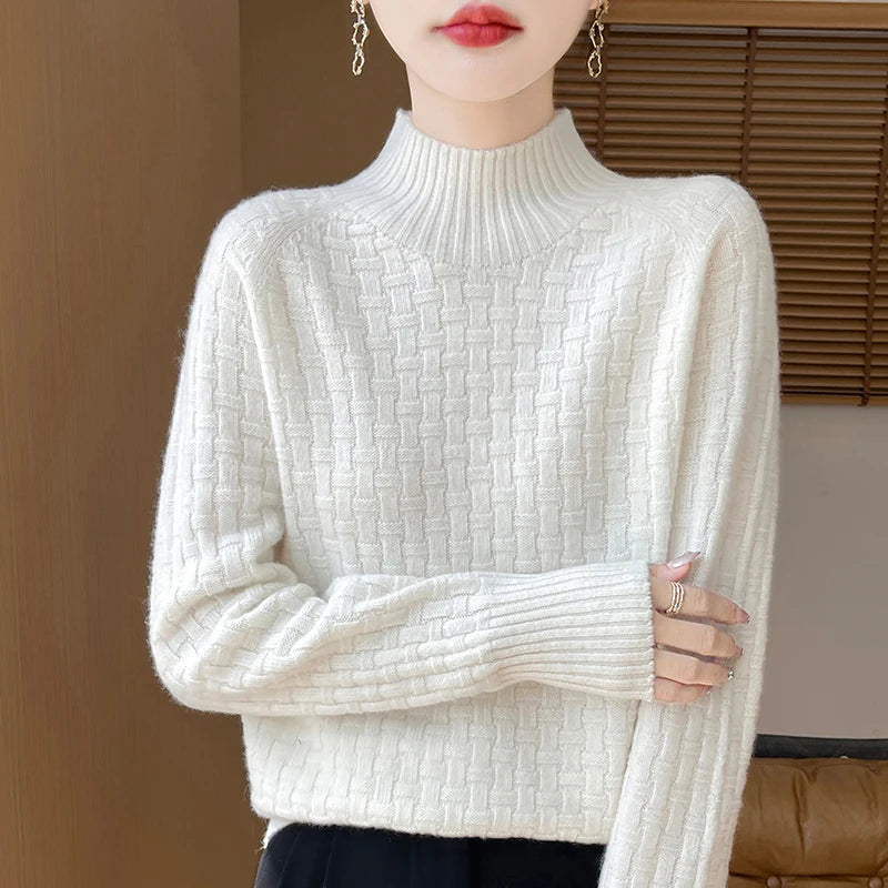 Women's 100% Pure Wool Half Turtleneck Sweater – Loose Fit Checkered Knit Top for Autumn and Winter