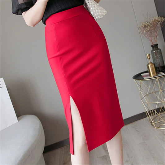 Women’s Elegant Mid-Length Pencil Skirt – Solid High-Waist Spring Summer Office Style