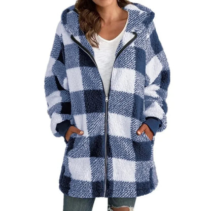 Women's Long Sleeve Plaid Hooded Jacket with Zipper and Pockets