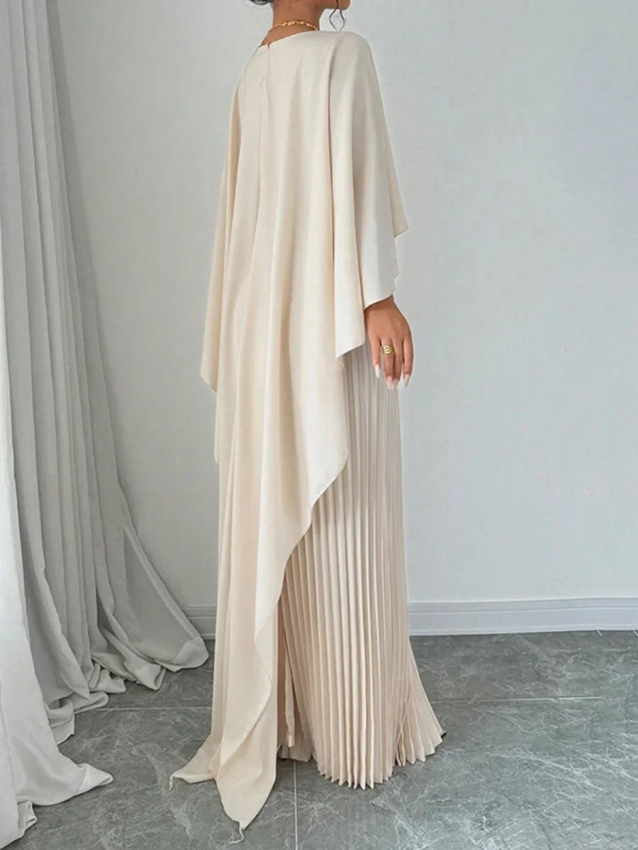 High-Low Pleated Cape Maxi Dress for Women – Elegant Autumn Evening Wear