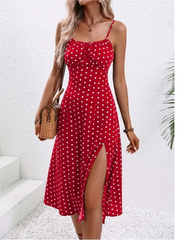 Polka Dot Spaghetti Strap Dress – Boho Summer Beach Midi Dress