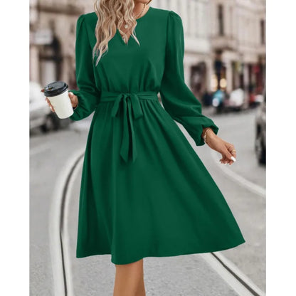 V-Neck Long-Sleeved Midi Dress – Lace-Up Solid Color Pullover for Women