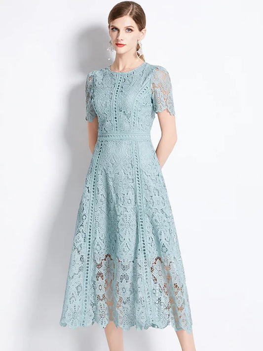 Elegant Lace Hollow Out O-Neck Midi Dress – Vintage Summer Slim Fit for Women