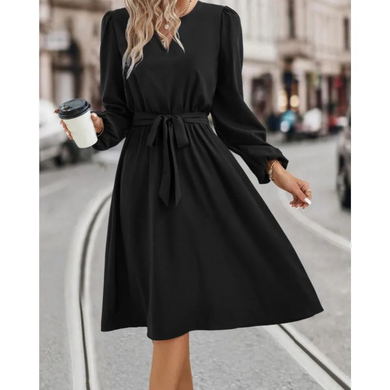 V-Neck Long-Sleeved Midi Dress – Lace-Up Solid Color Pullover for Women