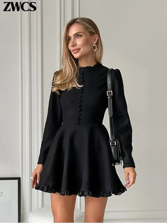 Women’s Ruffle Stand Collar Mini Dress – Long Sleeve Dress