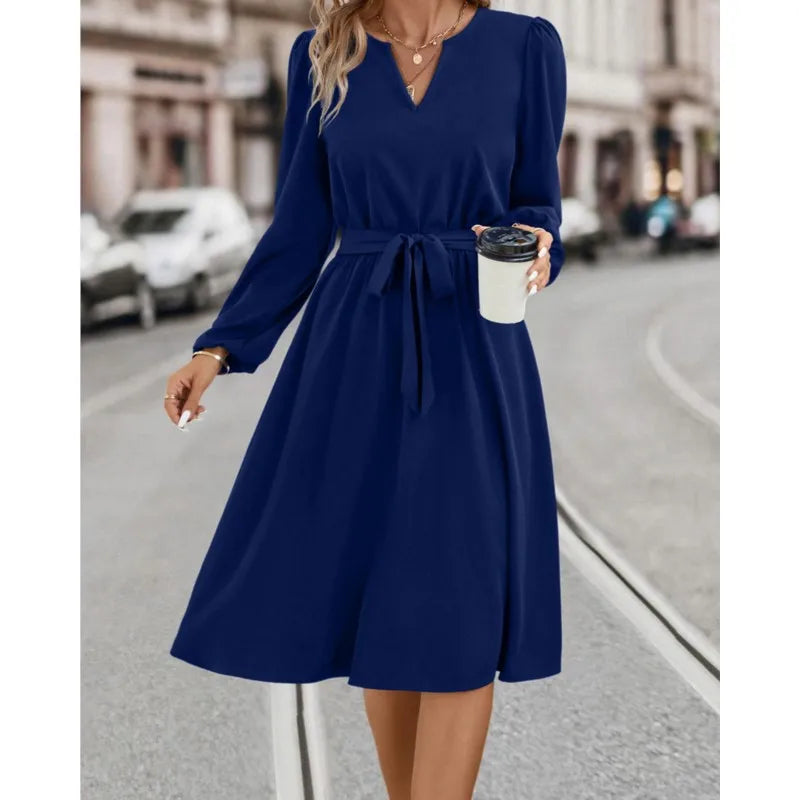 V-Neck Long-Sleeved Midi Dress – Lace-Up Solid Color Pullover for Women