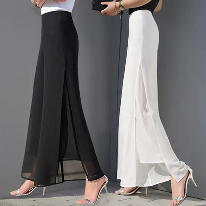 Women's High-Waisted Chiffon Wide-Leg Culottes – Loose Fit, Summer Casual Trousers