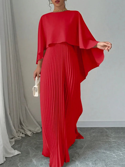 High-Low Pleated Cape Maxi Dress for Women – Elegant Autumn Evening Wear