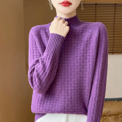 Women's 100% Pure Wool Half Turtleneck Sweater – Loose Fit Checkered Knit Top for Autumn and Winter