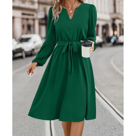 V-Neck Long-Sleeved Midi Dress – Lace-Up Solid Color Pullover for Women