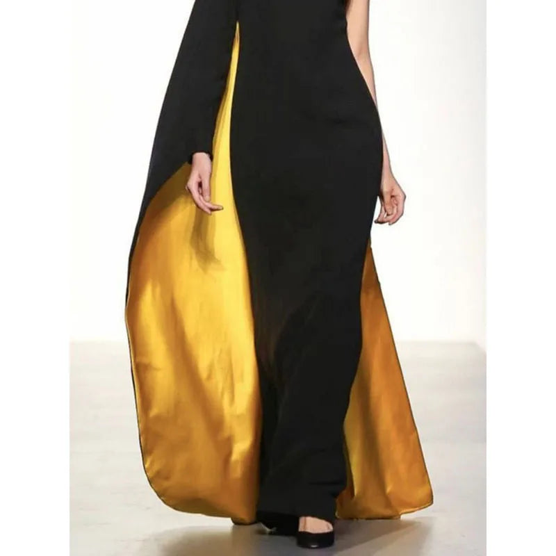 Elegant Contrast One-Shoulder Maxi Dress for Women - Asymmetric Round Neck Evening Gown