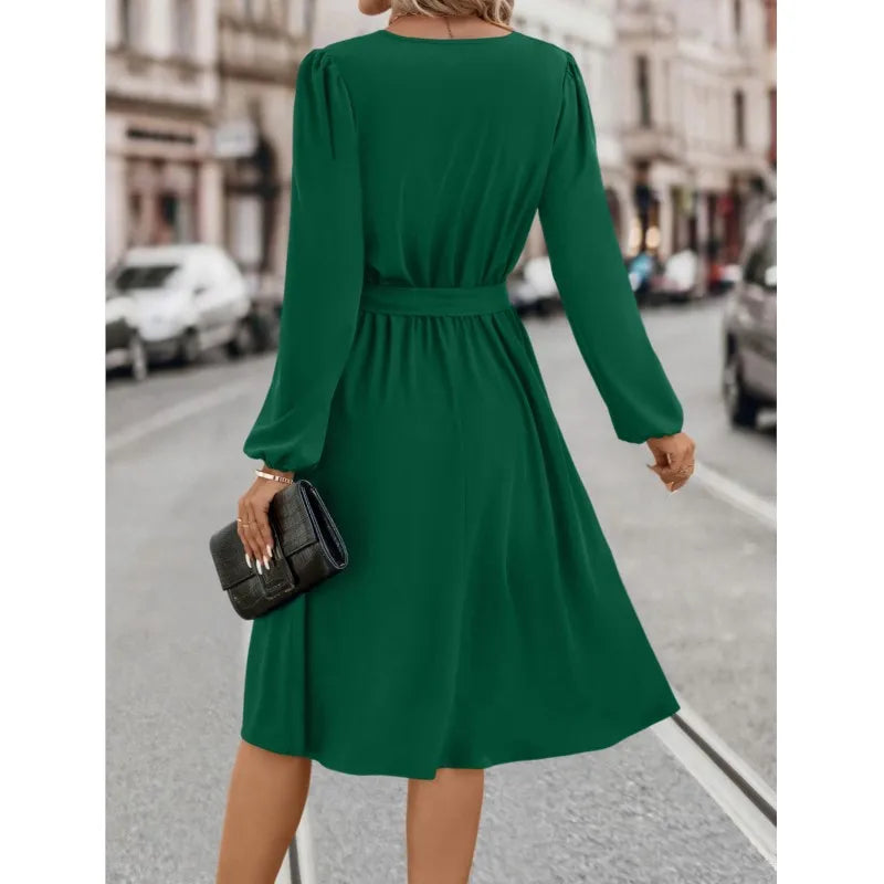 V-Neck Long-Sleeved Midi Dress – Lace-Up Solid Color Pullover for Women