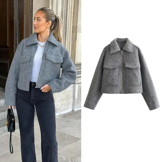 Women's Tweed Cropped Jacket – Office Lady Style for Autumn and Winter