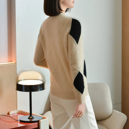 Women's 100% Pure Wool Knit Sweater - Geometric O-Neck Pullover