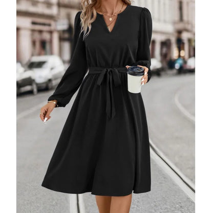 V-Neck Long-Sleeved Midi Dress – Lace-Up Solid Color Pullover for Women