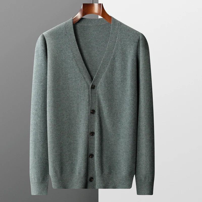 100% Merino Wool Men's Cardigan – Knitted Cashmere Sweater with Button Closure for Autumn and Winter