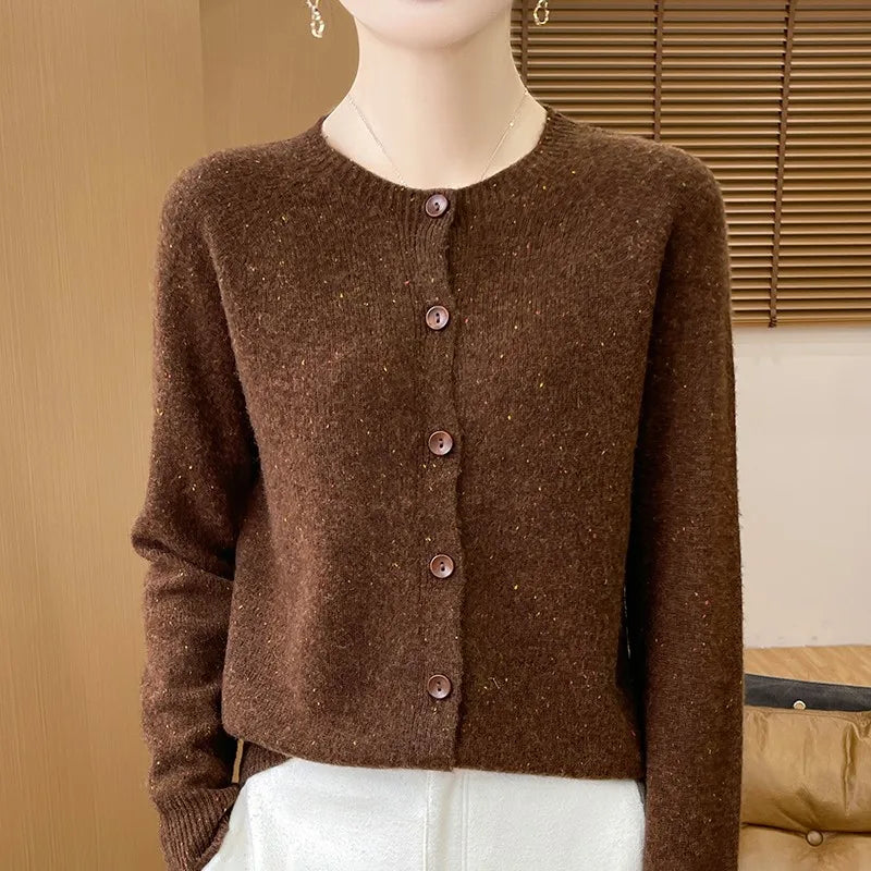 Women's 100% Pure Cashmere Cardigan – Round Neck Knit Sweater for Autumn and Winter