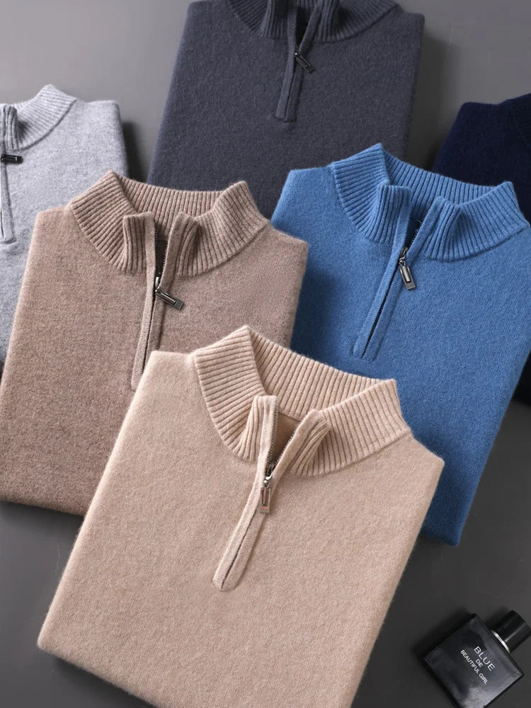 Men’s 100% Cashmere Zipper Pullover – Mock Neck Knit Sweater for Autumn and Winter