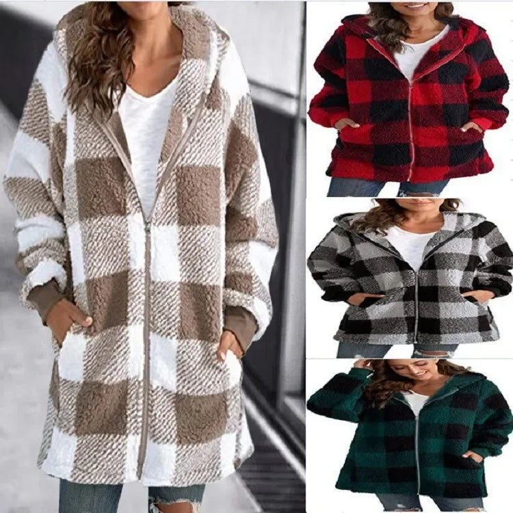 Women's Long Sleeve Plaid Hooded Jacket with Zipper and Pockets