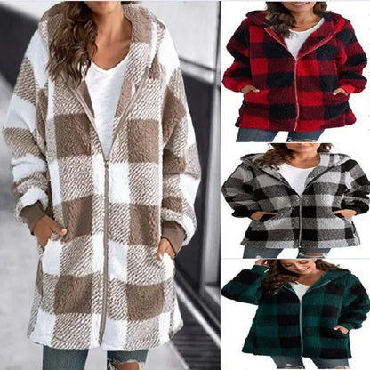 Women's Long Sleeve Plaid Hooded Jacket with Zipper and Pockets