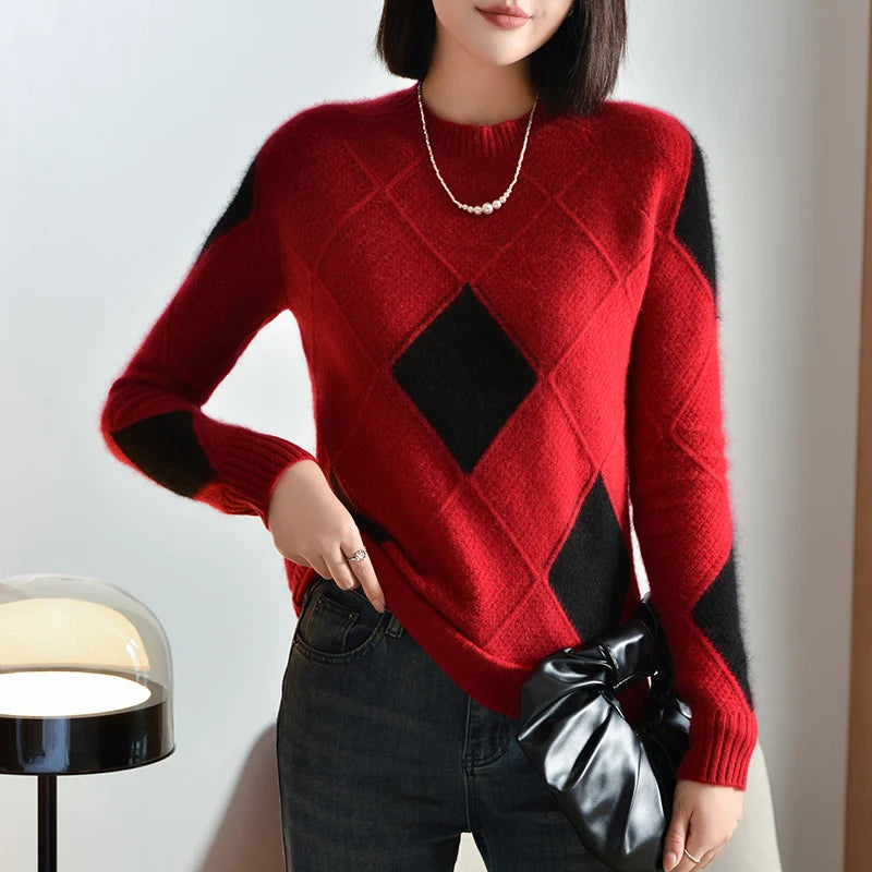 Women's 100% Pure Wool Knit Sweater - Geometric O-Neck Pullover