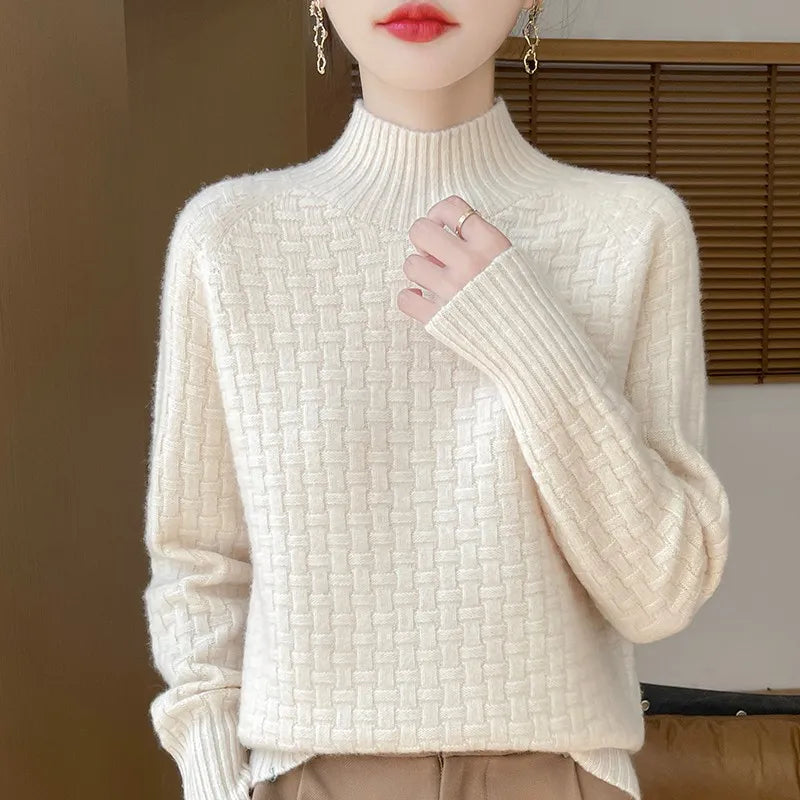 Women's 100% Pure Wool Half Turtleneck Sweater – Loose Fit Checkered Knit Top for Autumn and Winter