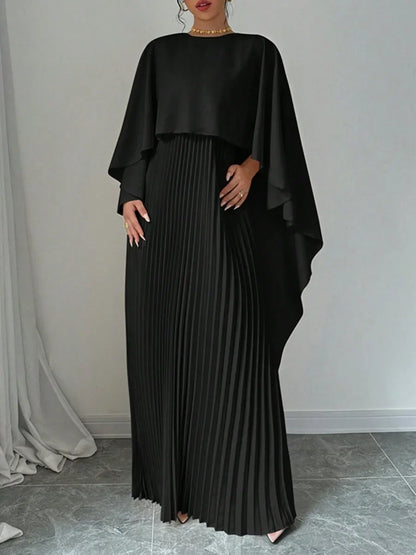 High-Low Pleated Cape Maxi Dress for Women – Elegant Autumn Evening Wear