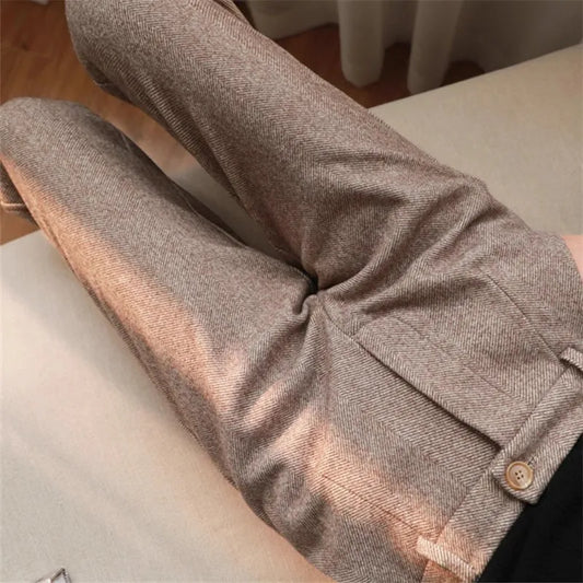 Women’s Woolen High-Waist Harem Pencil Pants – Elegant Casual Black Trousers for Fall/Winter