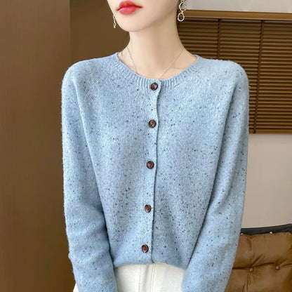 Women's 100% Pure Cashmere Cardigan – Round Neck Knit Sweater for Autumn and Winter