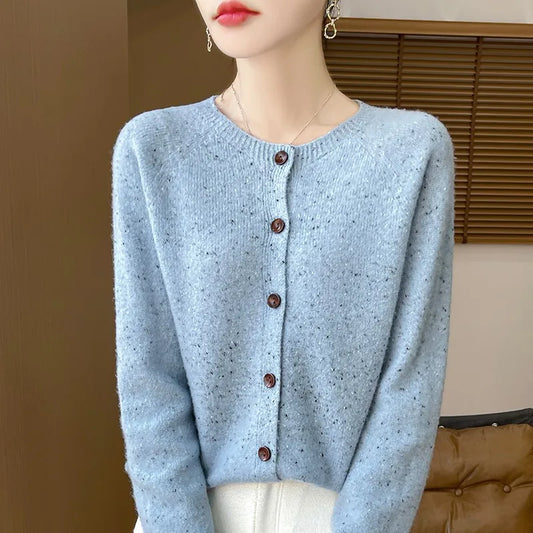 Women's 100% Pure Cashmere Cardigan – Round Neck Knit Sweater for Autumn and Winter