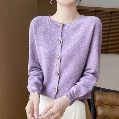 Women's 100% Pure Cashmere Cardigan – Round Neck Knit Sweater for Autumn and Winter