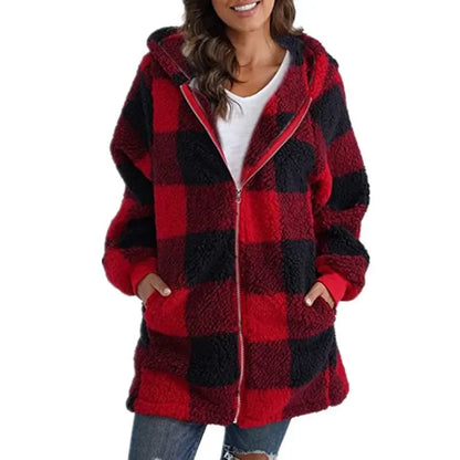 Women's Long Sleeve Plaid Hooded Jacket with Zipper and Pockets