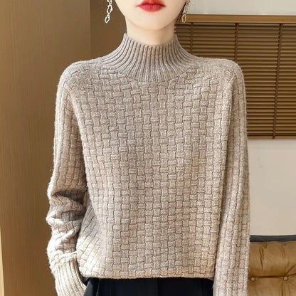 Women's 100% Pure Wool Half Turtleneck Sweater – Loose Fit Checkered Knit Top for Autumn and Winter