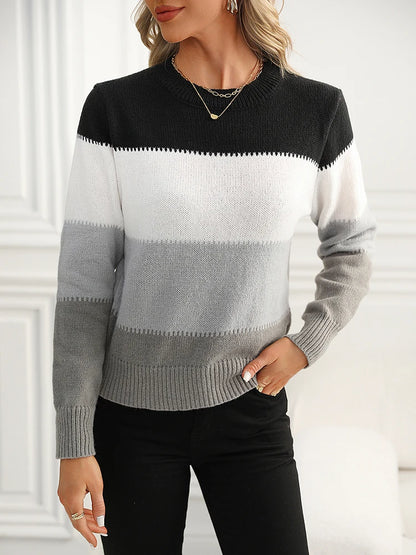 Women's Contrast Color Knit Pullover – Trendy Casual Sweater for Autumn and Winter 2024